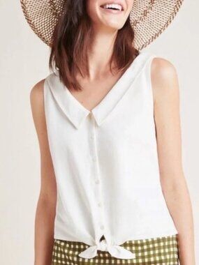 ANTHROPOLOGIE Cream Sleeveless Collared Tie Front Top, 100% Cotton, Medium